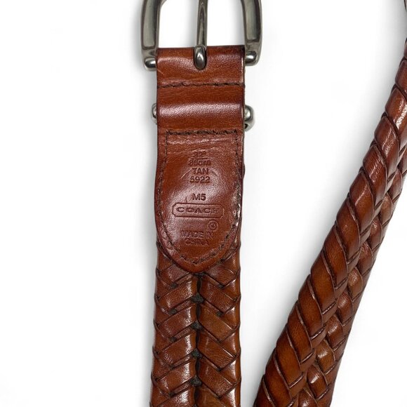 Coach Men's Braided Leather Belt With Solid Brass Buckle Tan Brown Sz 32" - Picture 2 of 7
